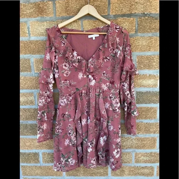 Wayf floral ruffle long sleeve dress large - Picture 2 of 11